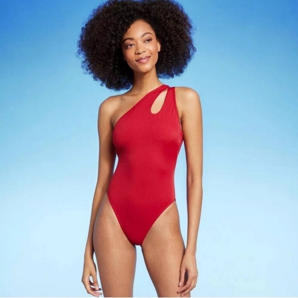 🆕 Shade & Shore One-Shoulder One Piece Swimsuit, Ribbed, Berry Red Size XL